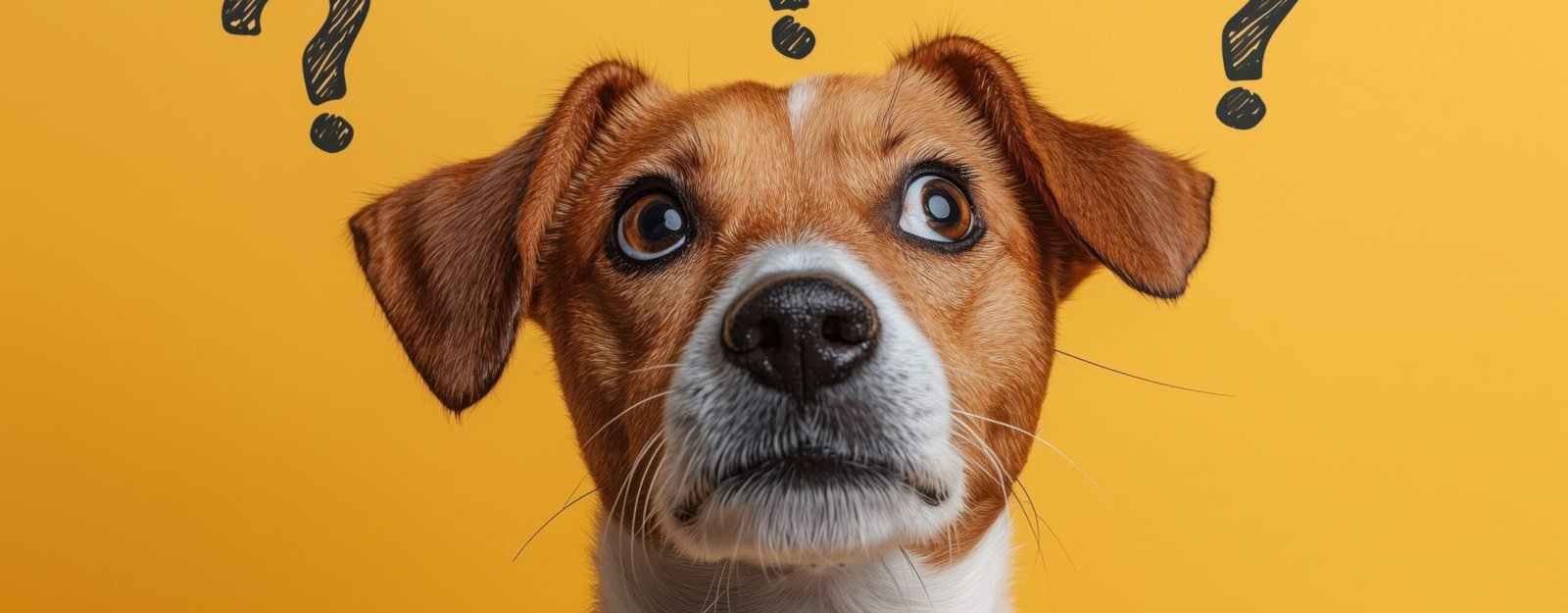 Confused little dog with question marks on yellow background Confused little dog with question marks on yellow background.